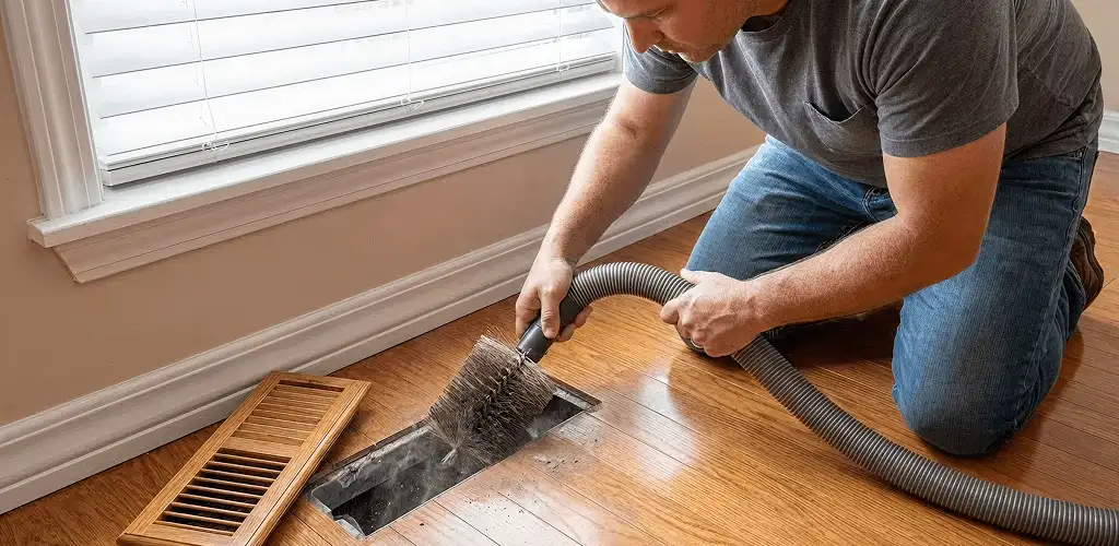 Air duct cleaning technician vacuuming a floor vent and duct opening in Jersey City, NJ
