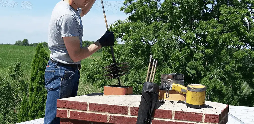 Chimney cleaning technician working on a rooftop chimney with professional tools in Jersey City, NJ