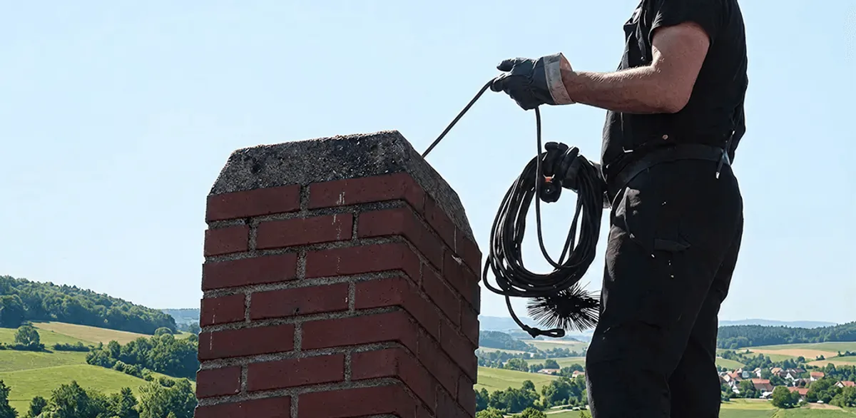 Chimney sweep inspecting and cleaning a rooftop chimney in Jersey City, NJ