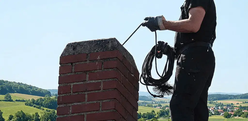 Chimney sweep inspecting and cleaning a rooftop chimney in Jersey City, NJ