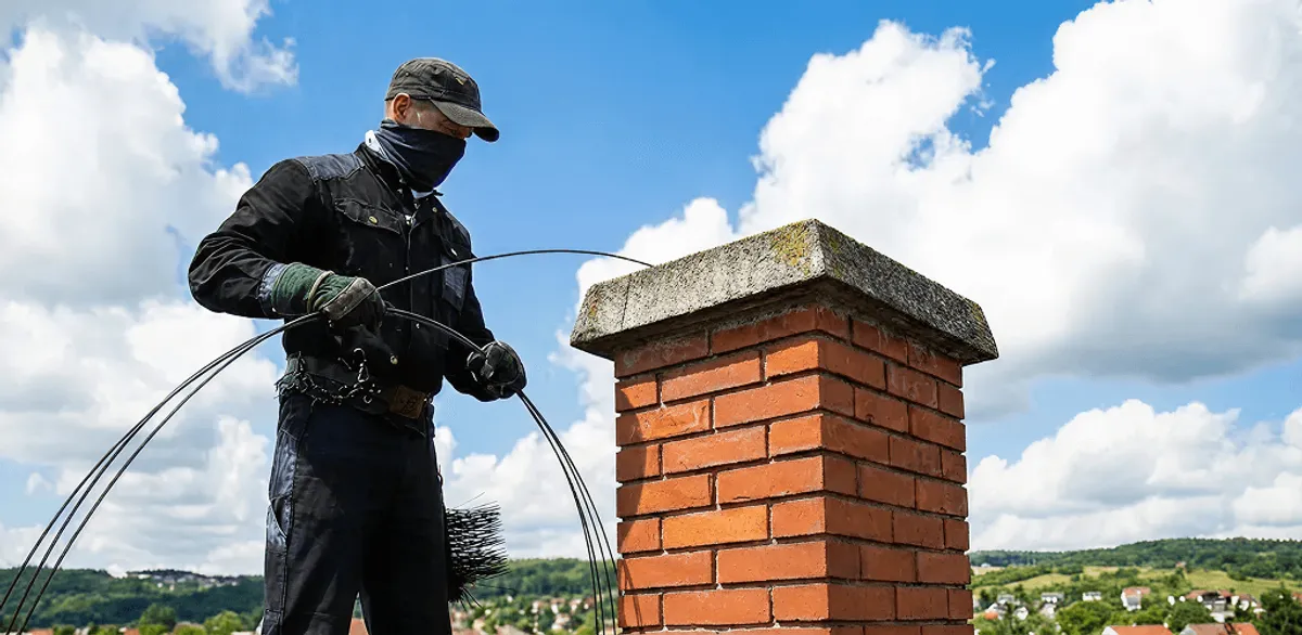 Chimney sweep cleaning a brick chimney with professional tools in Jersey City, NJ