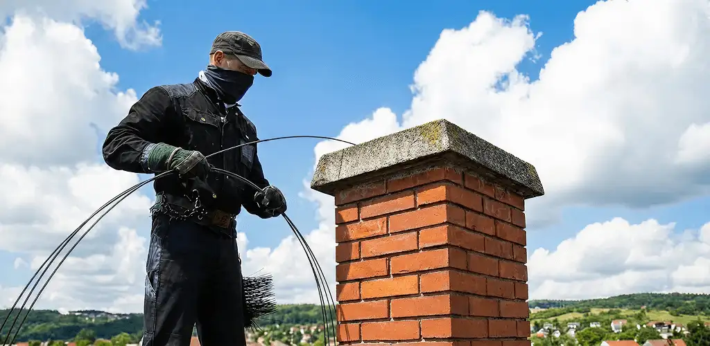 Chimney sweep cleaning a brick chimney with professional tools in Jersey City, NJ