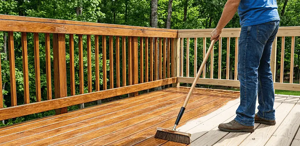 Deck staining and sealing application on a wood deck in Jersey City, NJ