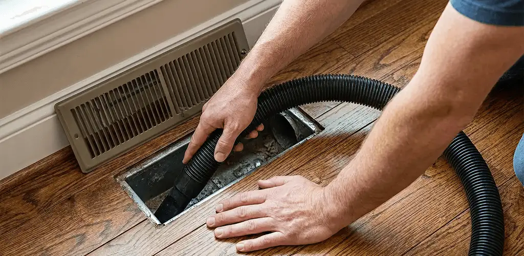 Air duct cleaning technician vacuuming a floor register and duct opening in Jersey City, NJ