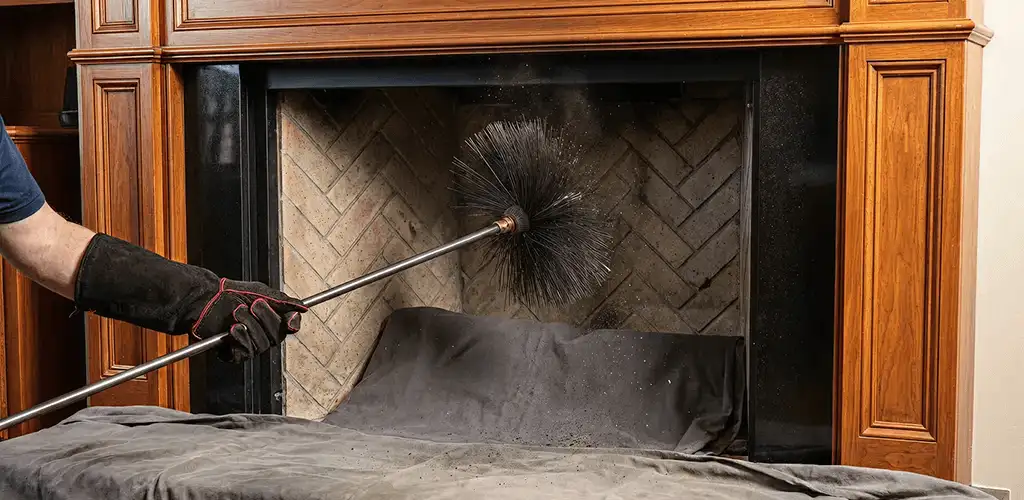 Chimney cleaning service brushing soot from a fireplace and flue in Jersey City, NJ