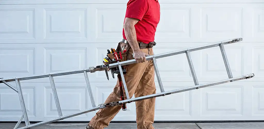Garage door repair technician arriving with tools and ladder in Jersey City, NJ