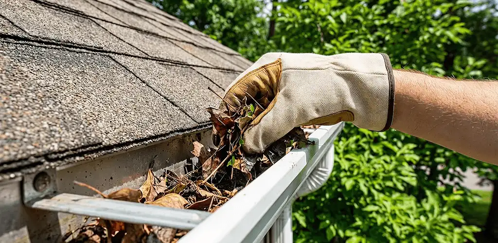 Gutter cleaning removing leaves and debris from roof gutters in Jersey City, NJ