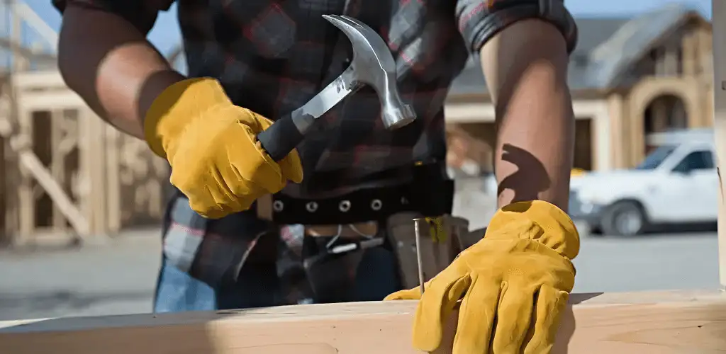 Handyman fixing wood trim with a hammer for home repairs in Jersey City, NJ