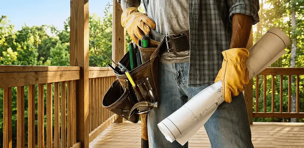 Professional handyman with tool belt ready for home repairs in Jersey City, NJ