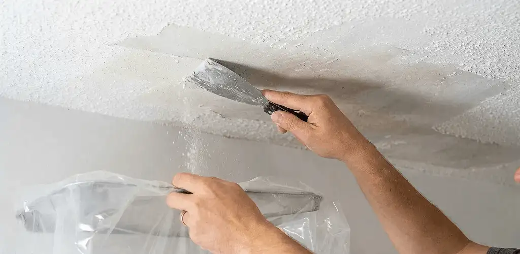 Popcorn ceiling removal technician scraping texture from a ceiling in Jersey City, NJ
