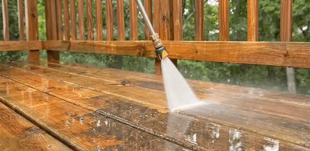 Pressure washing a wood deck to remove dirt and buildup in Jersey City, NJ