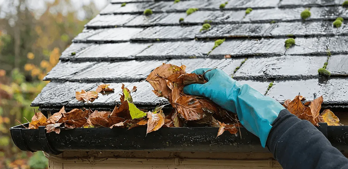 Gutter cleaning technician clearing wet leaves from roof gutters in Jersey City, NJ