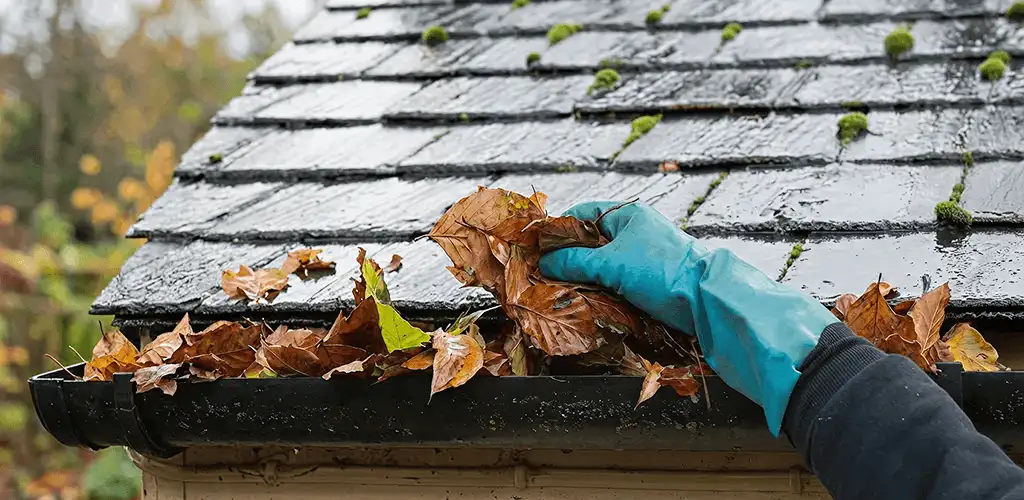 Gutter cleaning technician clearing wet leaves from roof gutters in Jersey City, NJ