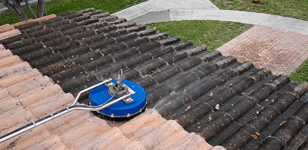 Roof pressure cleaning removing debris and buildup from roof tiles in Jersey City, NJ
