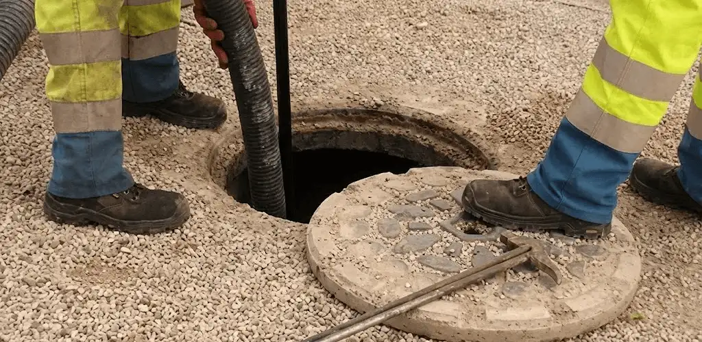 Drain cleaning crew clearing a sewer access point with professional equipment in Jersey City, NJ