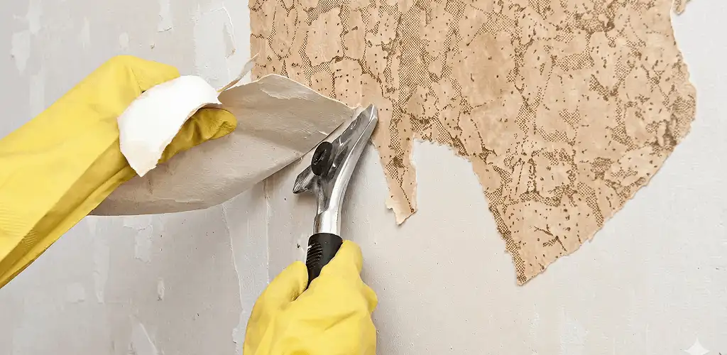 Wallpaper removal service stripping old wallpaper from a wall in Jersey City, NJ