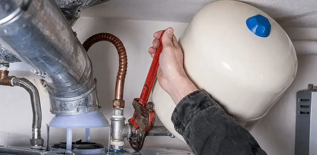 Water heater repair technician tightening plumbing connections near a tank unit in Jersey City, NJ